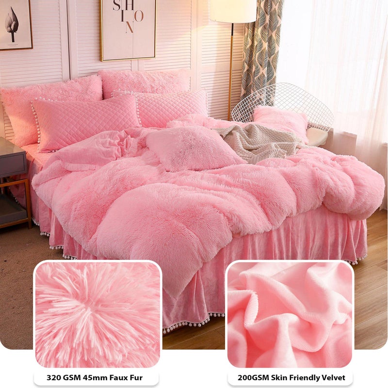LIFEREVO Luxury Plush Shaggy Duvet Cover Set, Soft Velvet Fluffy Furry Duvet Cover Set(1 Faux Fur Fuzzy Comforter Cover + 2 Pom Poms Pillowcases) Solid Bedding Set, Zipper Closure(Full/Queen, Pink) - Image 5